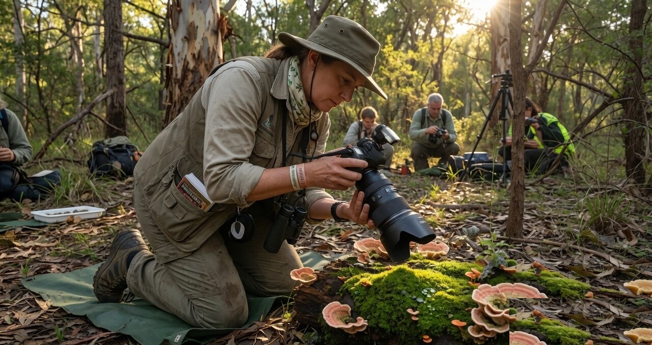 Photographer using a macro lens on moss and fungi
