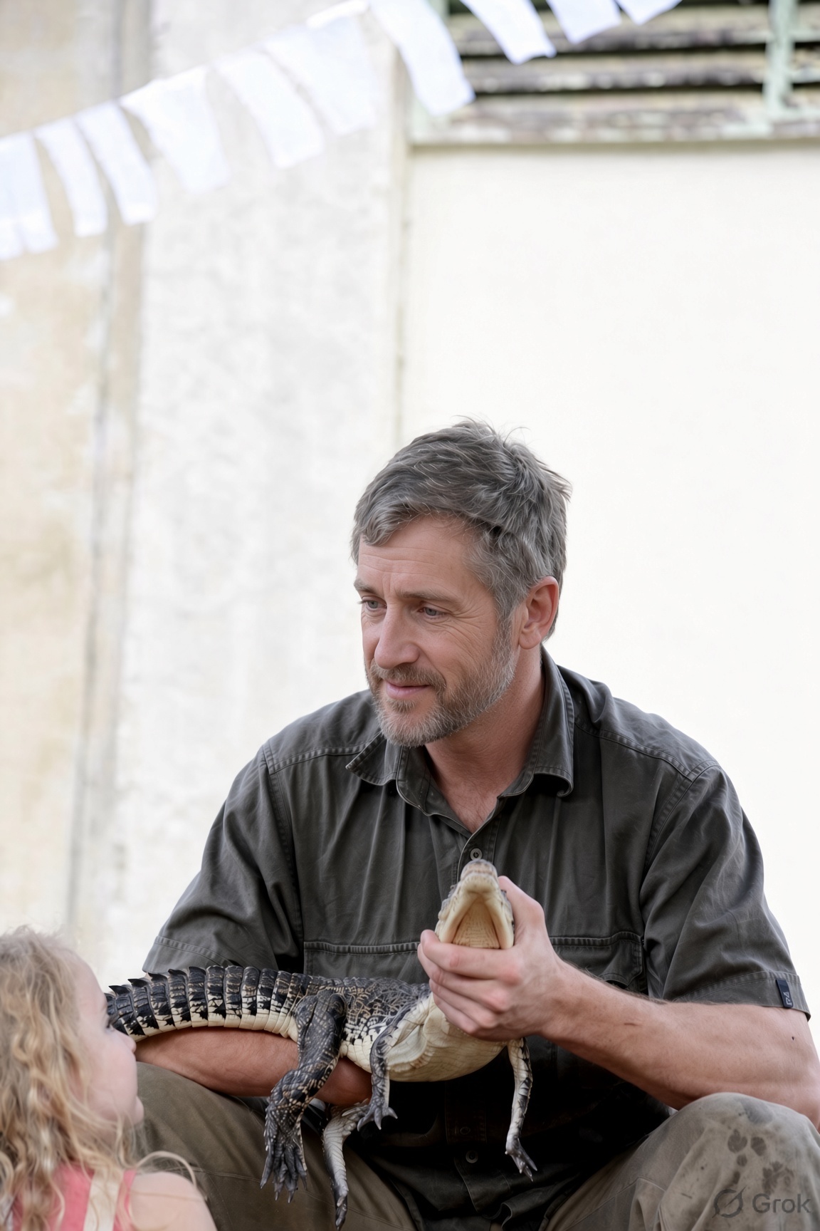 Tom with grey hair and a silver beard, holding a crocodile