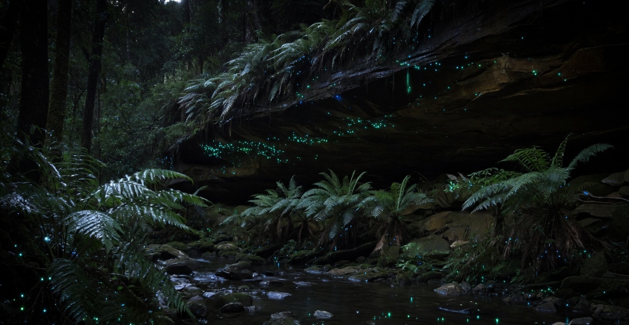 Blue Mountains rainforest at night with glow-worm light
